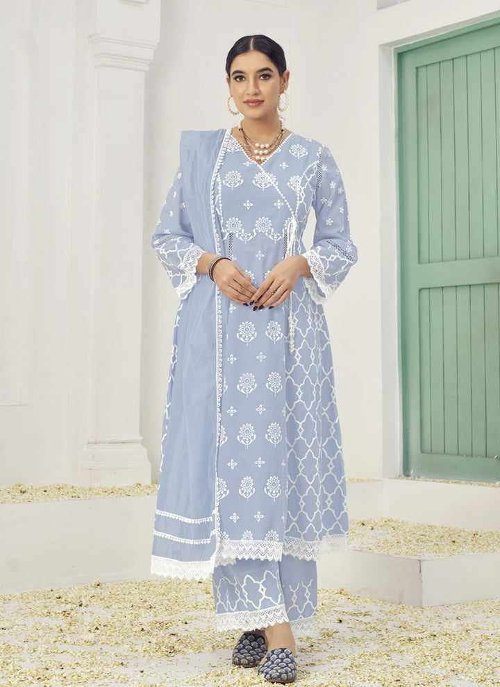 Lassya Fashion Light Grey Embroidered Palazzo Suit Set in Pure Cotton