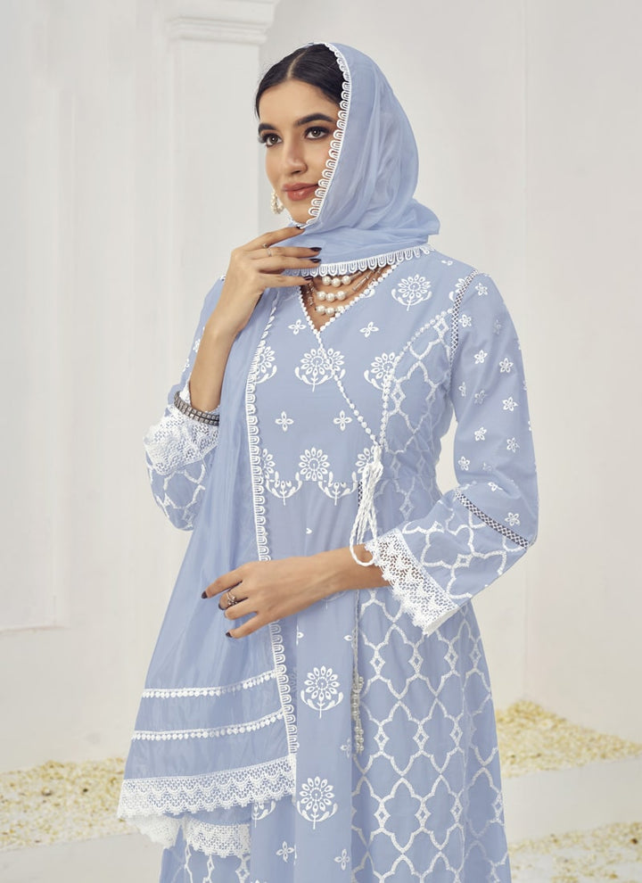 Lassya Fashion Light Grey Embroidered Palazzo Suit Set in Pure Cotton