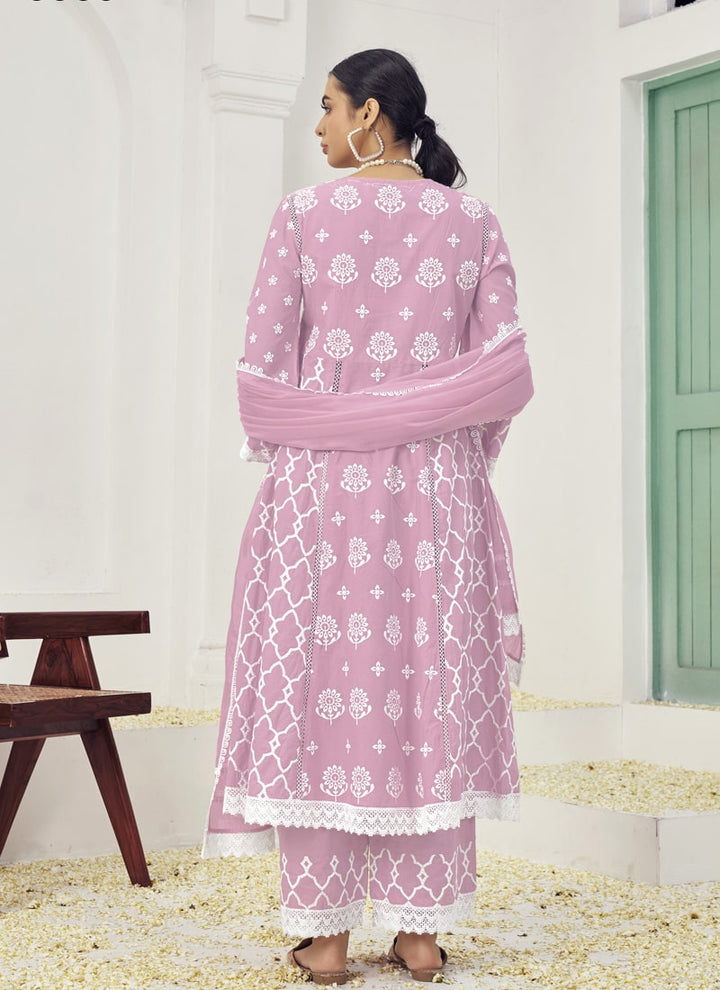 Lassya Fashion Pink Embroidered Palazzo Suit Set in Pure Cotton