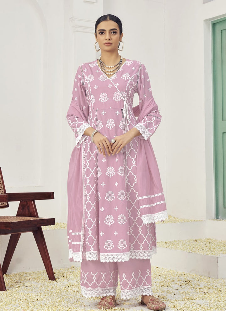 Lassya Fashion Pink Embroidered Palazzo Suit Set in Pure Cotton