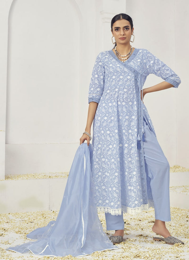 Lassya Fashion Sky Blue Embroidered Palazzo Suit Set in Pure Cotton