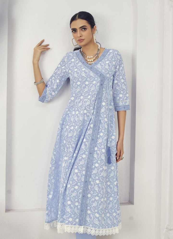 Lassya Fashion Sky Blue Embroidered Palazzo Suit Set in Pure Cotton