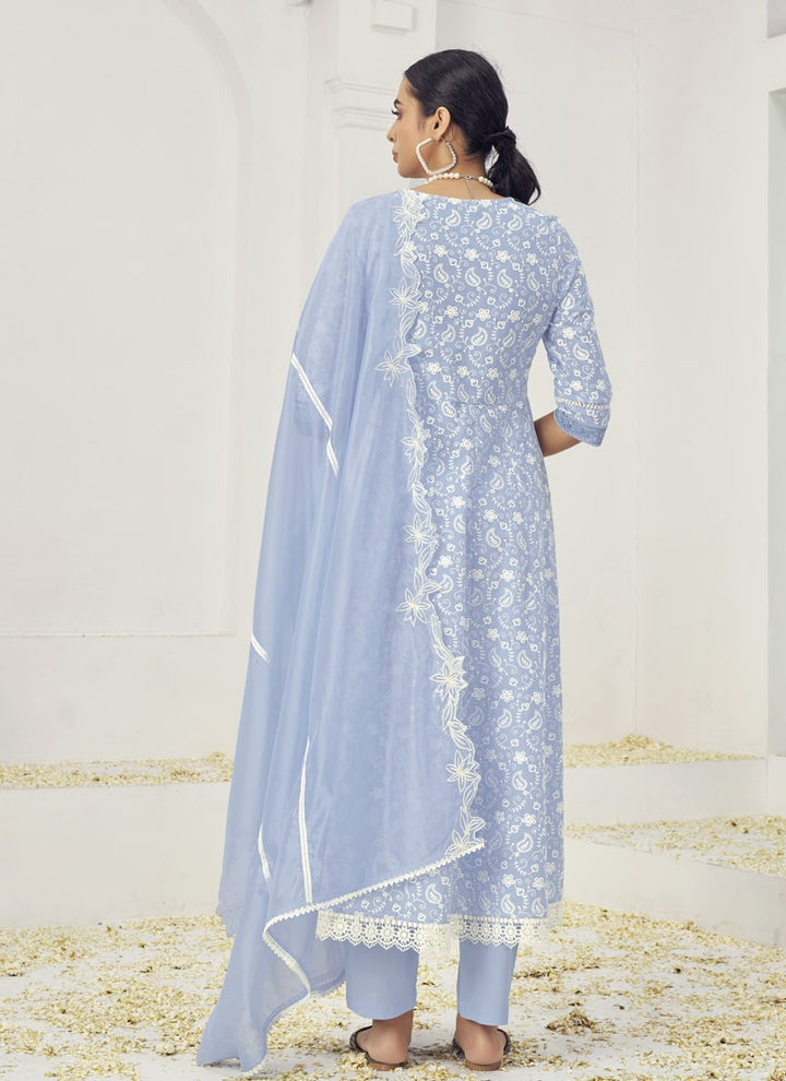 Lassya Fashion Sky Blue Embroidered Palazzo Suit Set in Pure Cotton