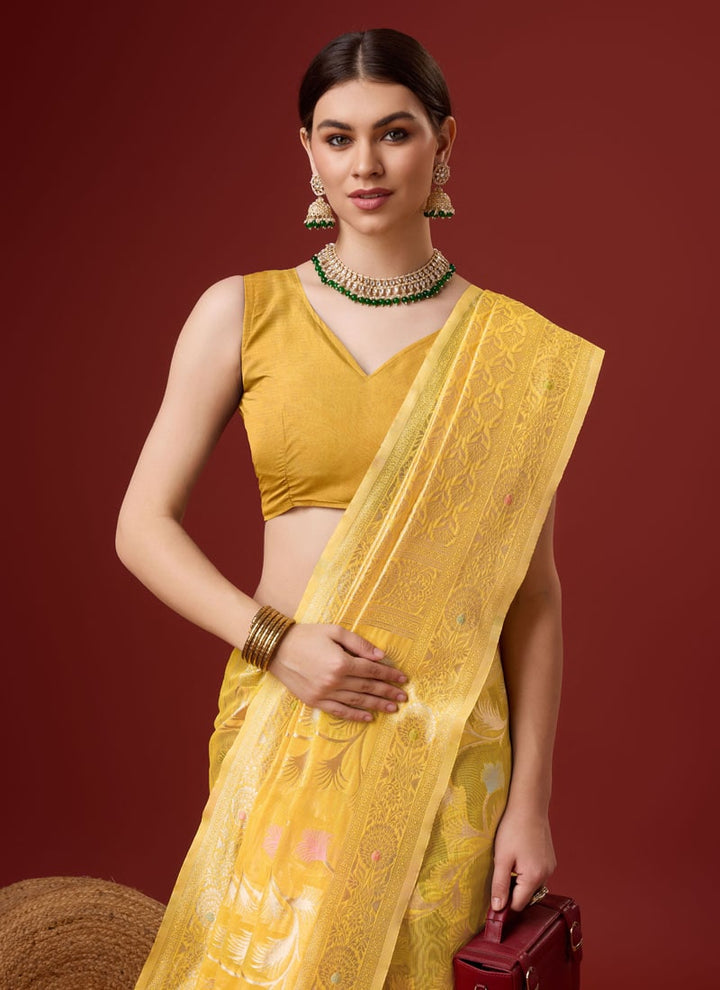 Lassya Fashion Mustard Yellow Cotton Digital Print Festive Wear Saree