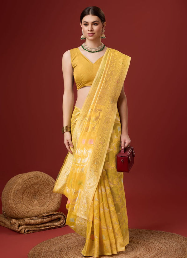 Lassya Fashion Mustard Yellow Cotton Digital Print Festive Wear Saree