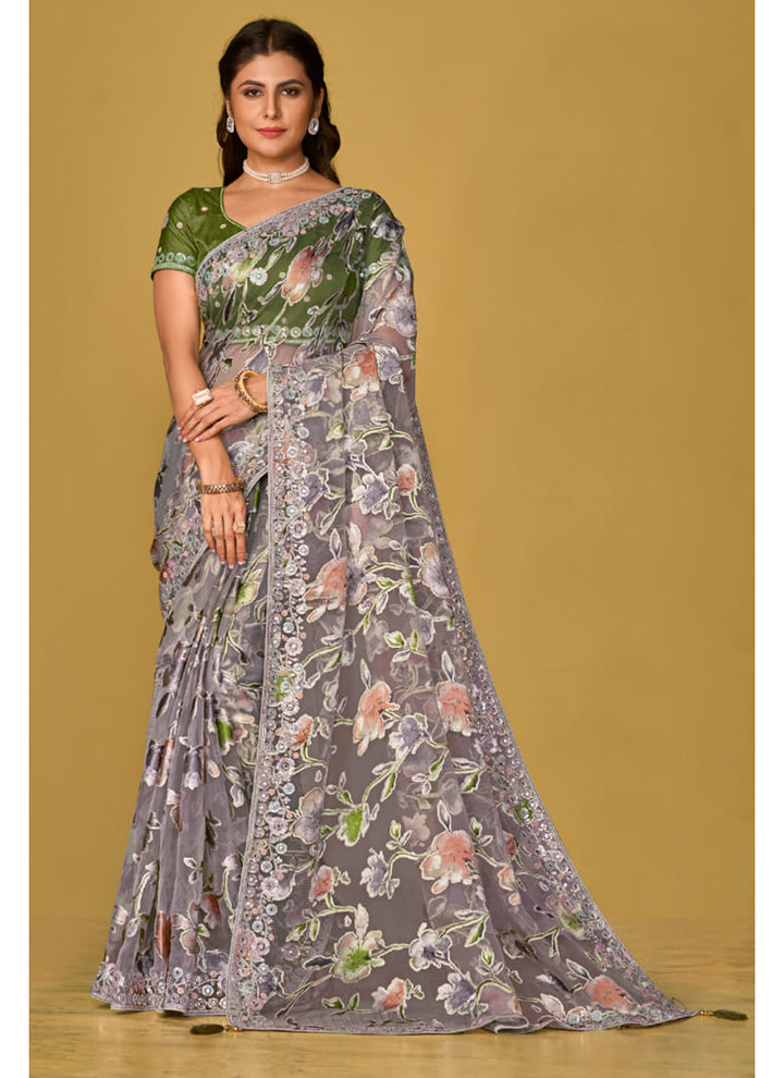 Lassya Fashion Grey Printed Organza Brasso Festive Wear Saree