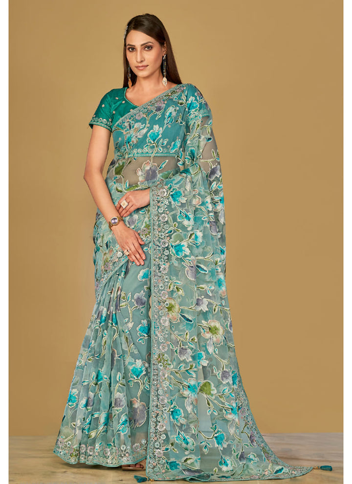 Lassya Fashion Sea green Printed Organza Brasso Festive Wear Saree