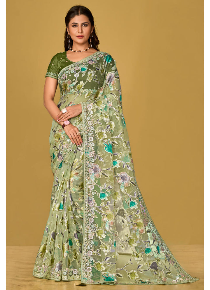 Lassya Fashion Pista green Printed Organza Brasso Festive Wear Saree