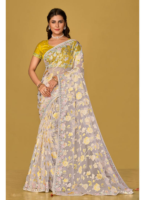 Lassya Fashion White-Yellow Printed Soft Organza Brasso Festive Wear Saree