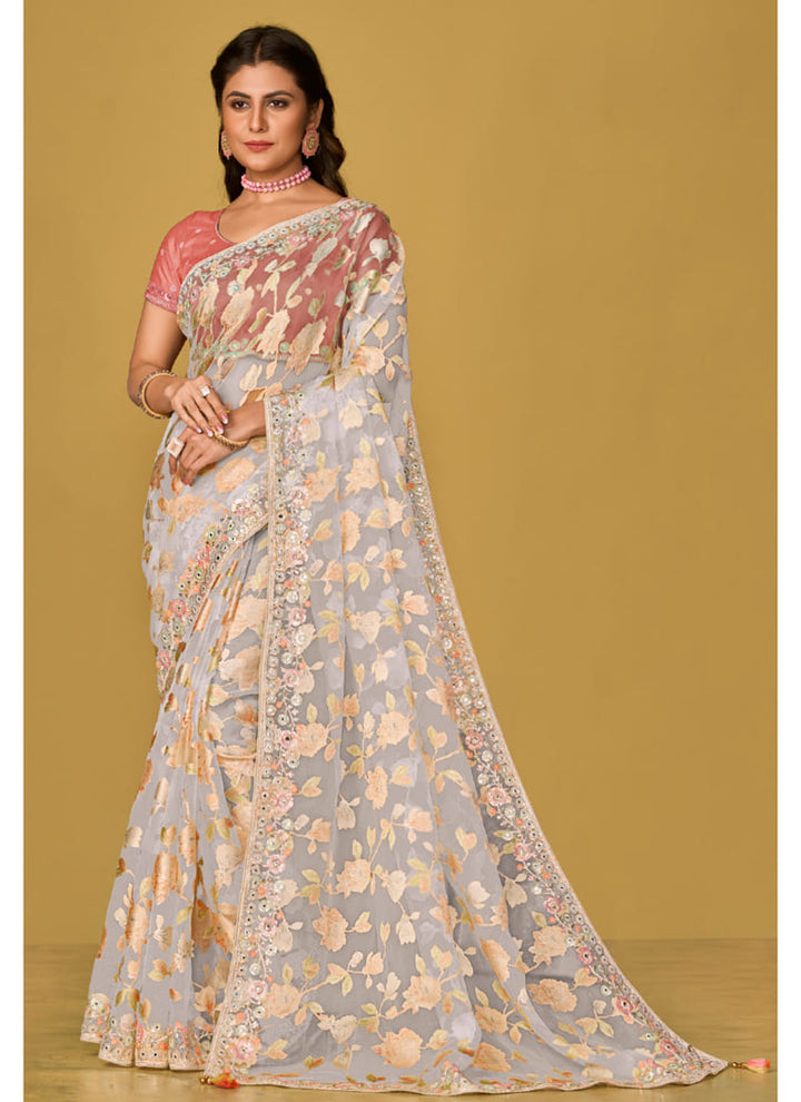 Lassya Fashion White-Peach Printed Soft Organza Brasso Festive Wear Saree