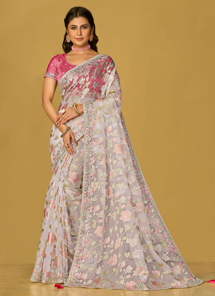 Lassya Fashion White-Pink Printed Soft Organza Brasso Festive Wear Saree