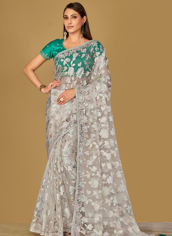 Lassya Fashion White-Green Printed Soft Organza Brasso Festive Wear Saree