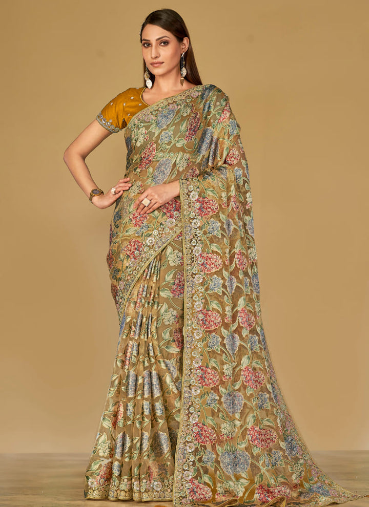 Lassya Fashion Mustard Soft Organza Brasso Printed Festive Wear Saree