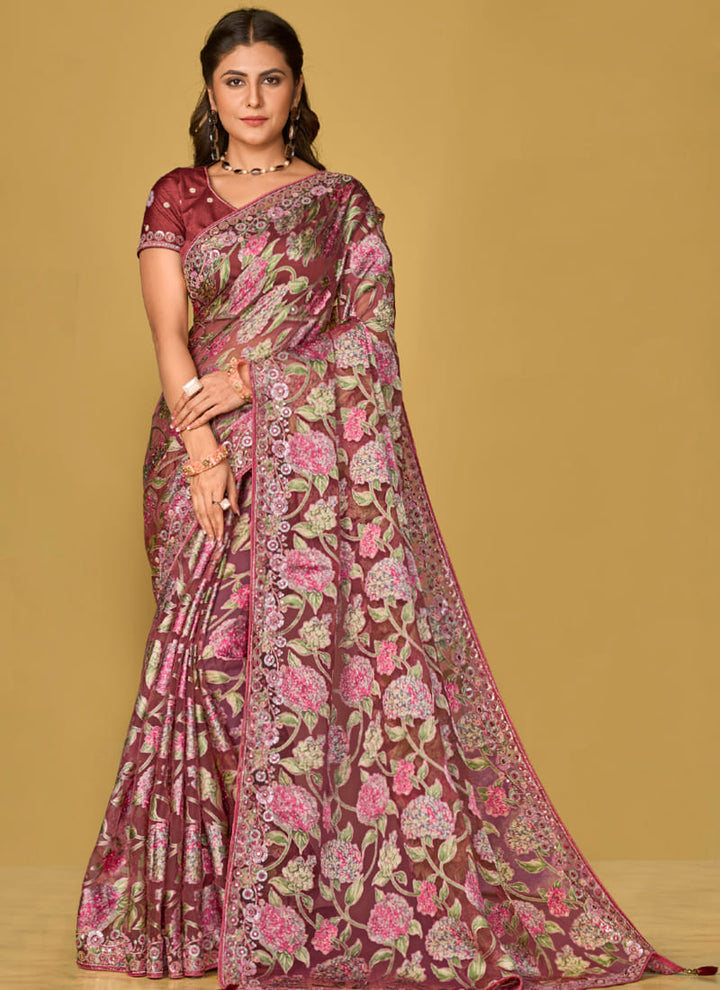 Lassya Fashion Mauve Soft Organza Brasso Printed Festive Wear Saree