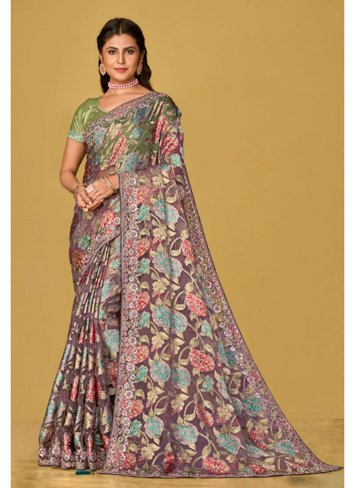 Lassya Fashion Old Rose Soft Organza Brasso Printed Festive Wear Saree