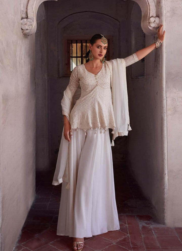 Lassya Fashion Pearl White Beautifully Beautifully Crafted Sharara Suit with Zari Embroidery