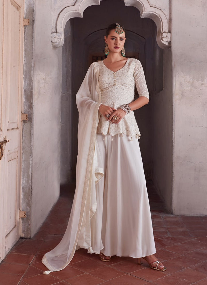 Lassya Fashion Pearl White Beautifully Beautifully Crafted Sharara Suit with Zari Embroidery