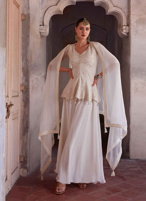 Lassya Fashion Pearl White Beautifully Beautifully Crafted Sharara Suit with Zari Embroidery