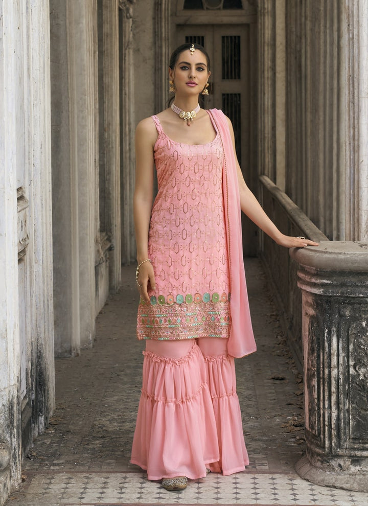 Lassya Fashion Lomeonade Pink Embroidered Faux Georgette Ghrara Suit