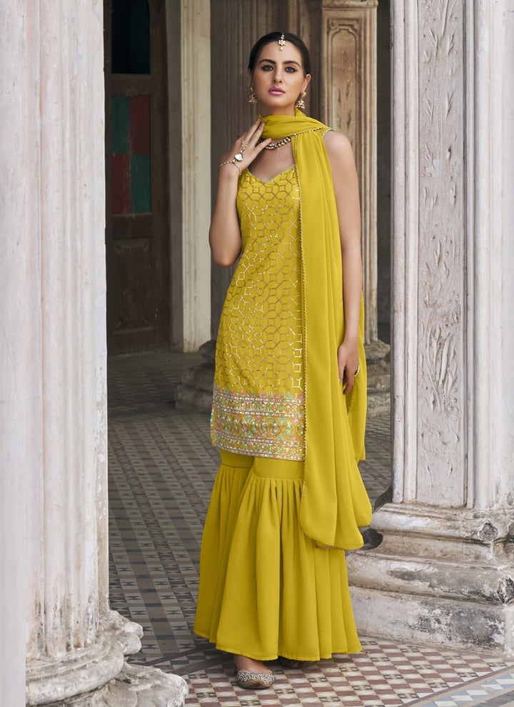 Lassya Fashion Yellow Embroidered Faux Georgette Ghrara Suit