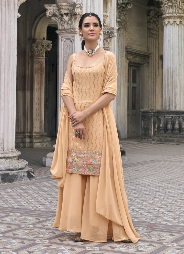 Lassya Fashion Melon Orange Embroidered Faux Georgette Ghrara Suit