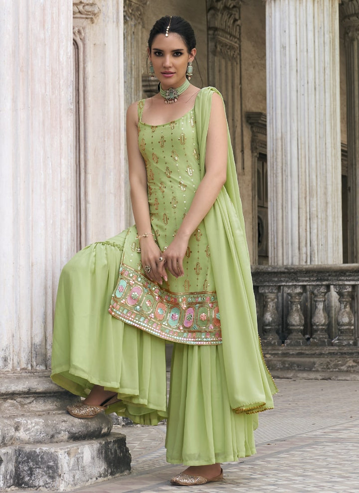 Lassya Fashion Pista Green Embroidered Faux Georgette Ghrara Suit