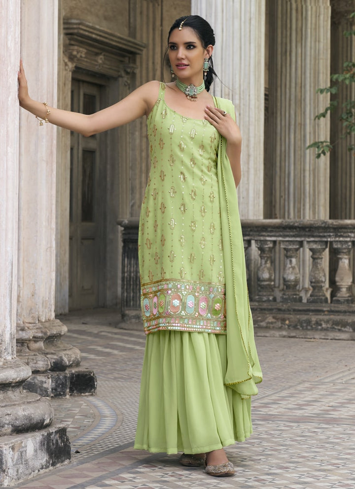 Lassya Fashion Pista Green Embroidered Faux Georgette Ghrara Suit