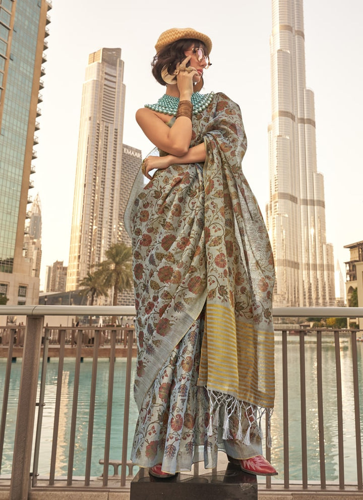 Lassya Fashion Grey Striking Zari Tissue Silk Saree with Matching Blouse