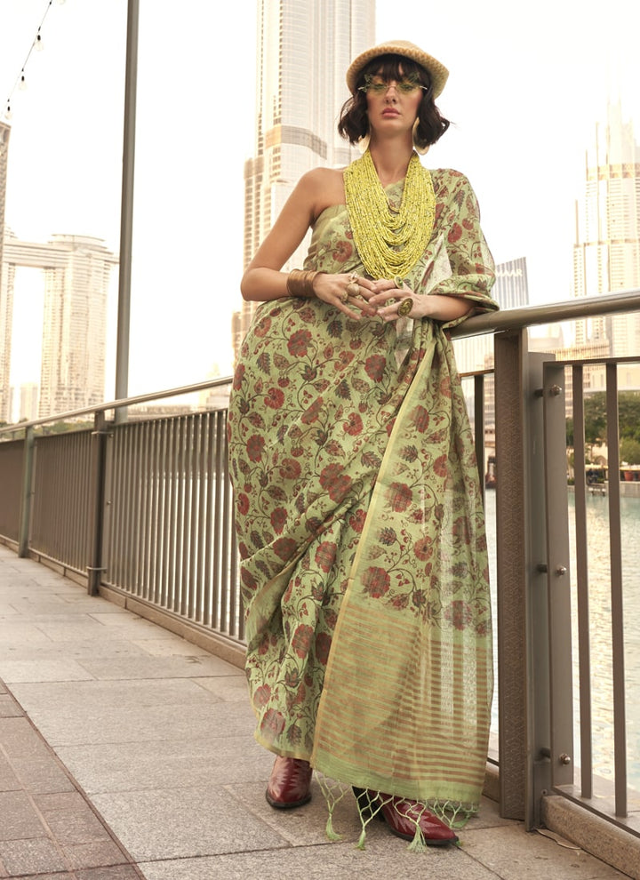 Lassya Fashion Pista Green Striking Zari Tissue Silk Saree with Matching Blouse