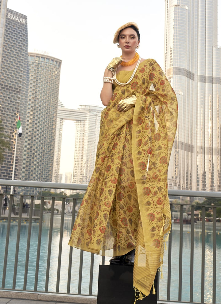 Lassya Fashion Yellow Striking Zari Tissue Silk Saree with Matching Blouse