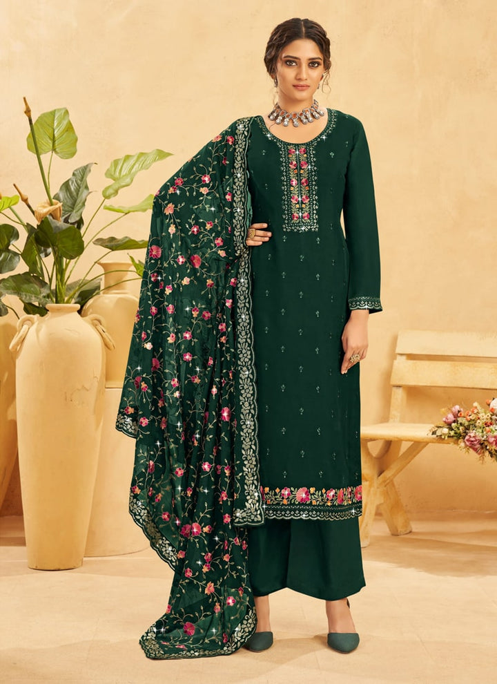 Lassya Fashion Dark Green Straight Salwar Suit with Heavy Embroidery Work