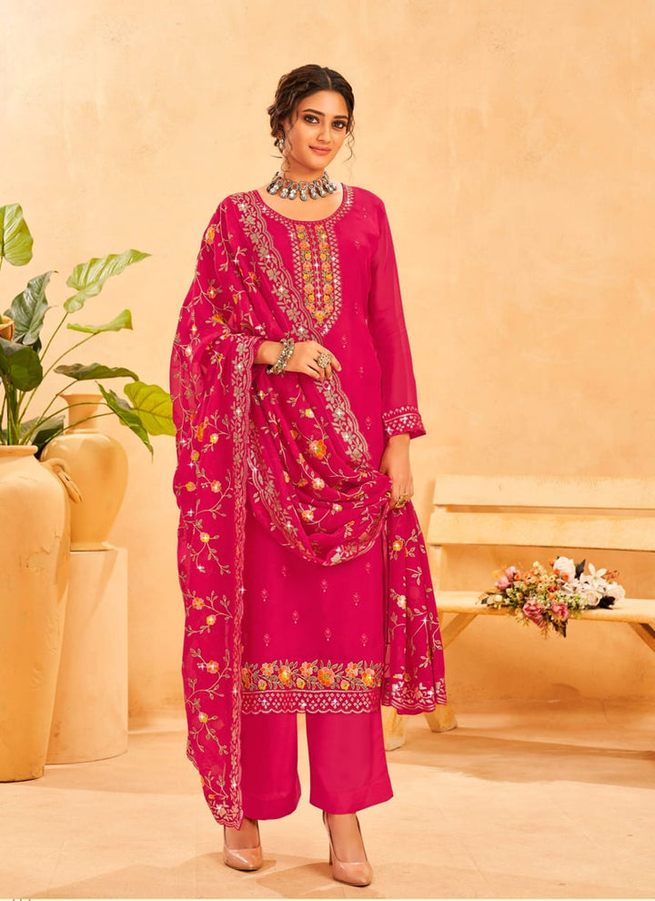 Lassya Fashion Magenta Pink Straight Salwar Suit with Heavy Embroidery Work