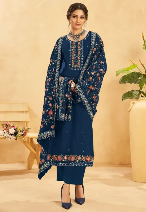 Lassya Fashion Navy Blue Straight Salwar Suit with Heavy Embroidery Work