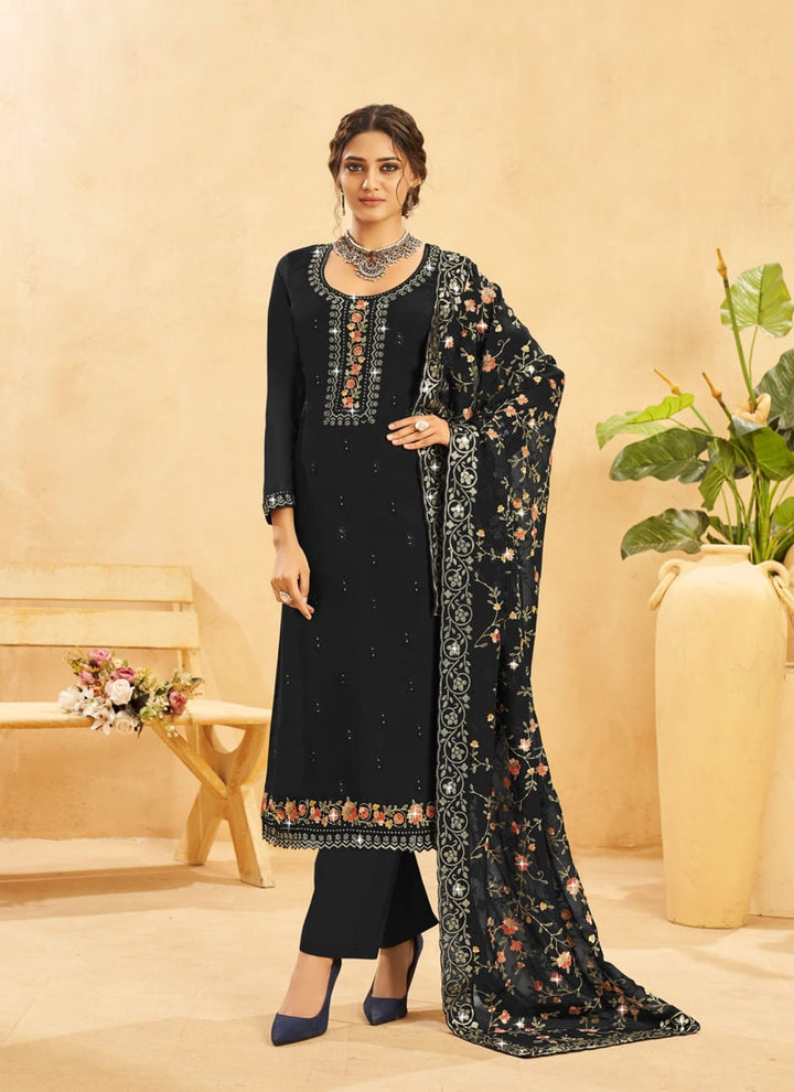 Lassya Fashion Black Straight Salwar Suit with Heavy Embroidery Work