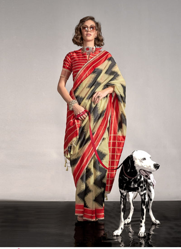 Lassya Fashion Red-Cream Handwoven Cotton Party Wear Saree with Cotton Blouse