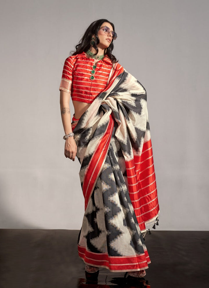 Lassya Fashion Red-White Handwoven Cotton Party Wear Saree with Cotton Blouse