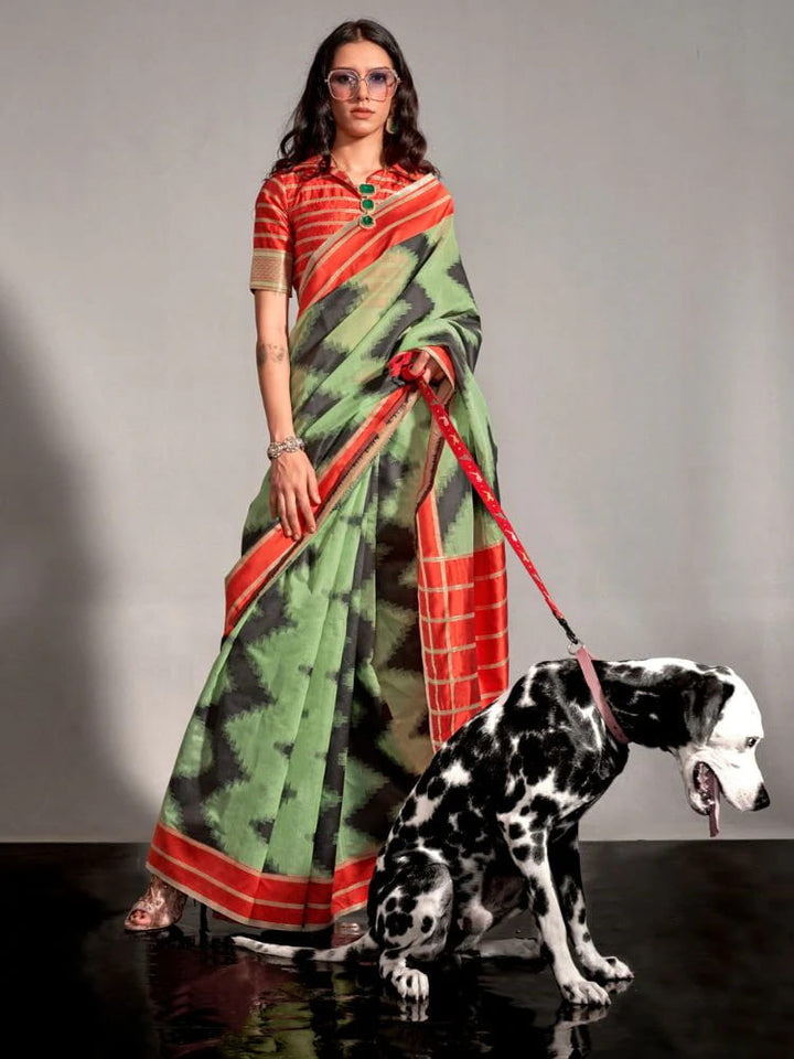 Lassya Fashion Red-Pista Green-1 Handwoven Cotton Party Wear Saree with Cotton Blouse