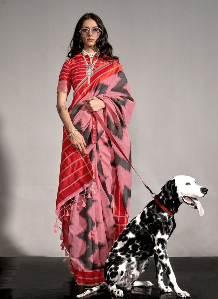 Lassya Fashion Red-Pink-2 Handwoven Cotton Party Wear Saree with Cotton Blouse