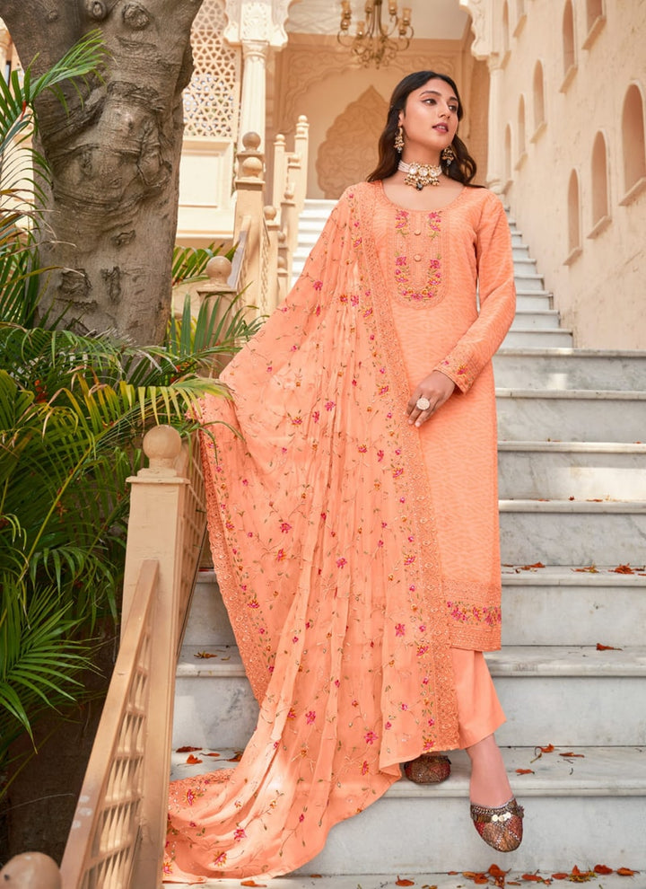 Lassya Fashion Orange Straight Salwar Suit with Heavy Embroidery Work