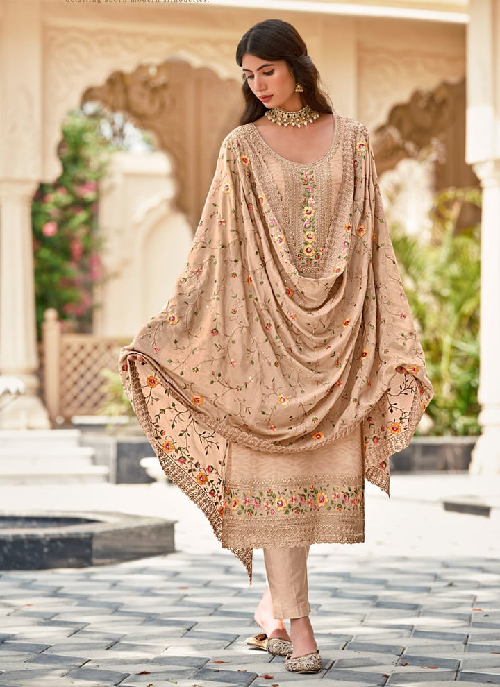 Lassya Fashion Beige Straight Salwar Suit with Heavy Embroidery Work