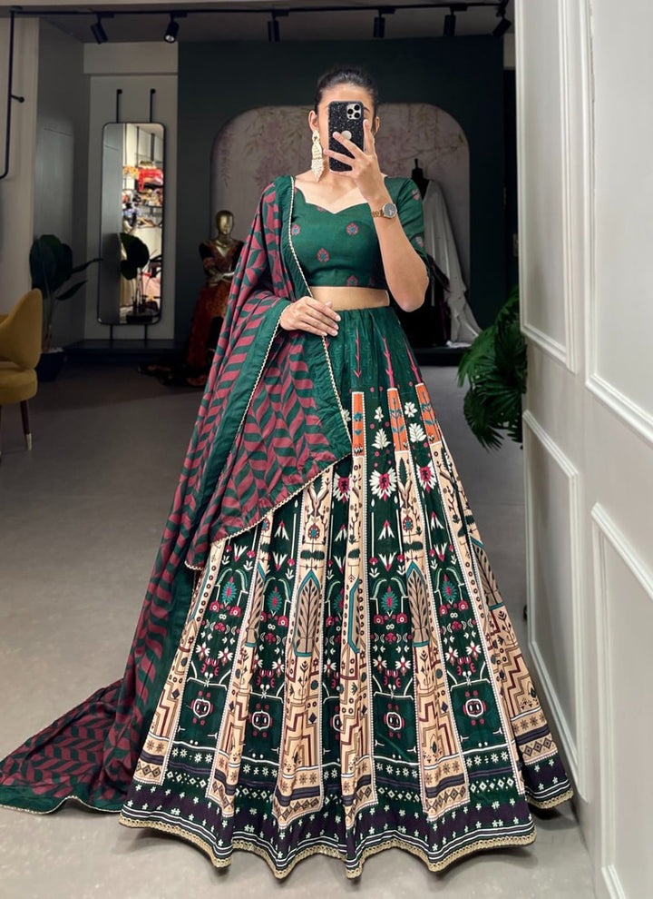 Lassya Fashion Bottle Green Printed Vaishali Silk Festive Wear Lehenga