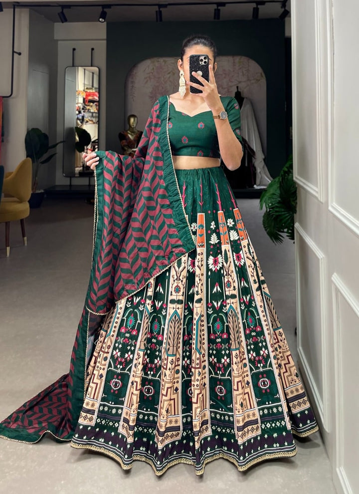 Lassya Fashion Bottle Green Printed Vaishali Silk Festive Wear Lehenga