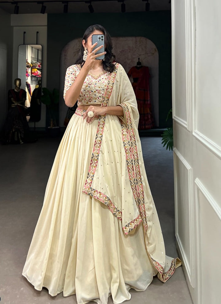 Lassya Fashion Butter Cream Georgette Wedding Lehenga with Sequins Work