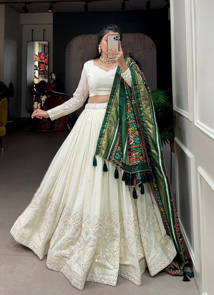 Lassya Fashion White And Green Wedding Lehenga with Lucknowi Paper Mirror Work