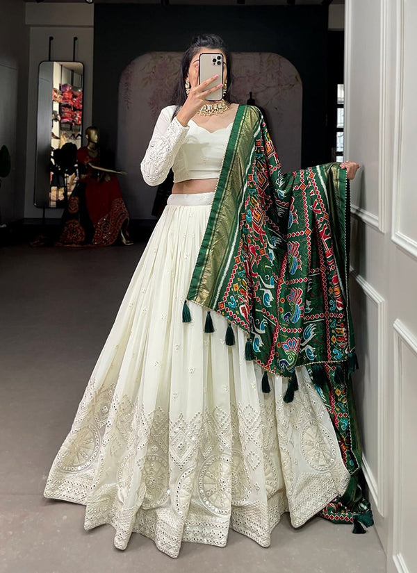 Lassya Fashion White And Green Wedding Lehenga with Lucknowi Paper Mirror Work