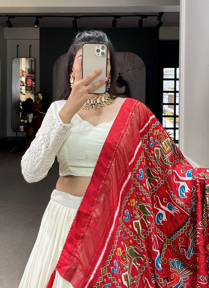 Lassya Fashion White And Red Wedding Lehenga with Lucknowi Paper Mirror Work