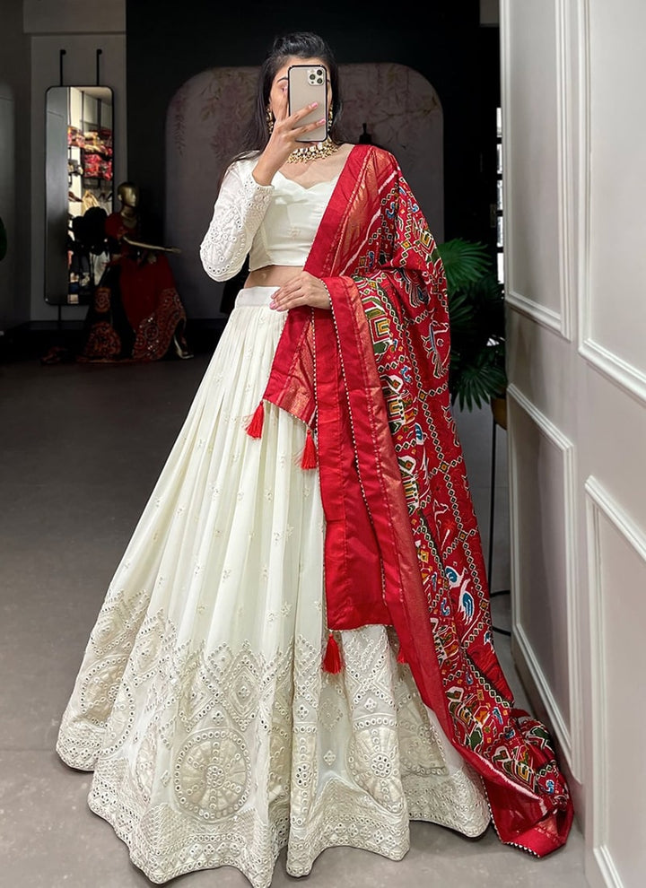 Lassya Fashion White And Red Wedding Lehenga with Lucknowi Paper Mirror Work