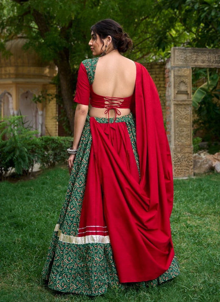 Lassya Fashion Forest Green And Red Pure Cotton Festive Wear Lehenga