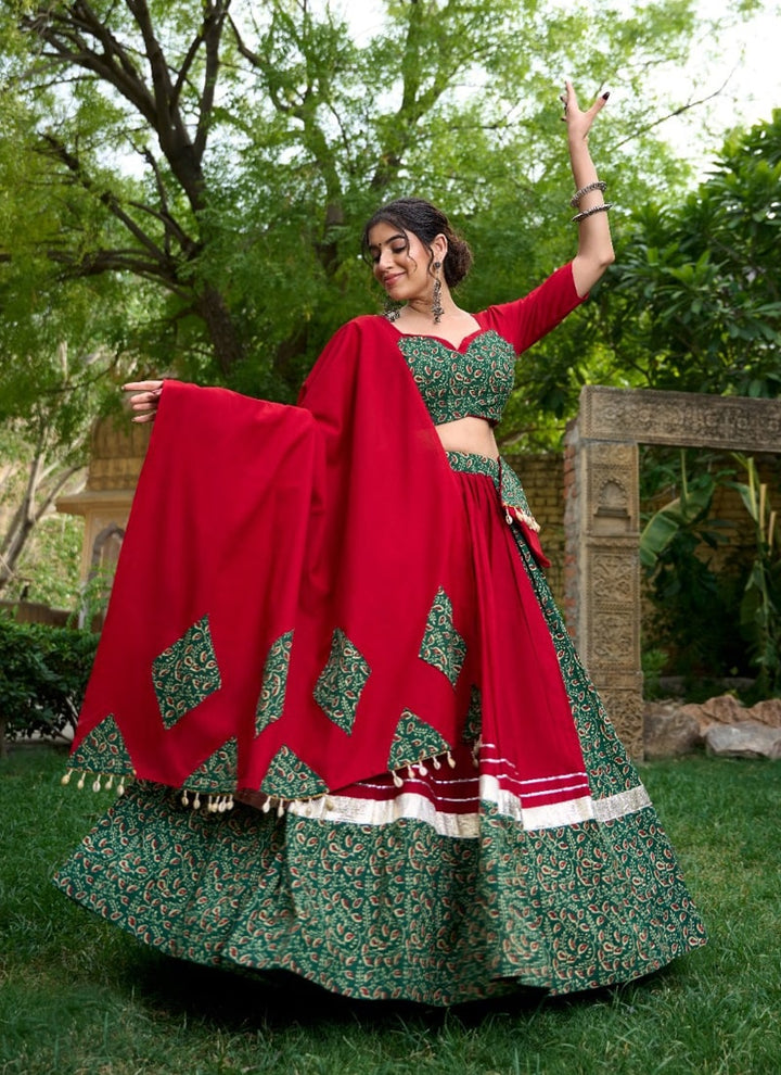 Lassya Fashion Forest Green And Red Pure Cotton Festive Wear Lehenga