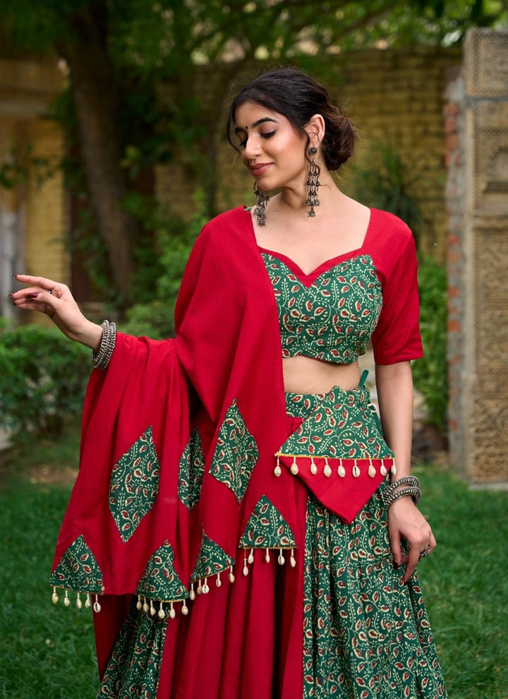 Lassya Fashion Forest Green And Red Pure Cotton Festive Wear Lehenga